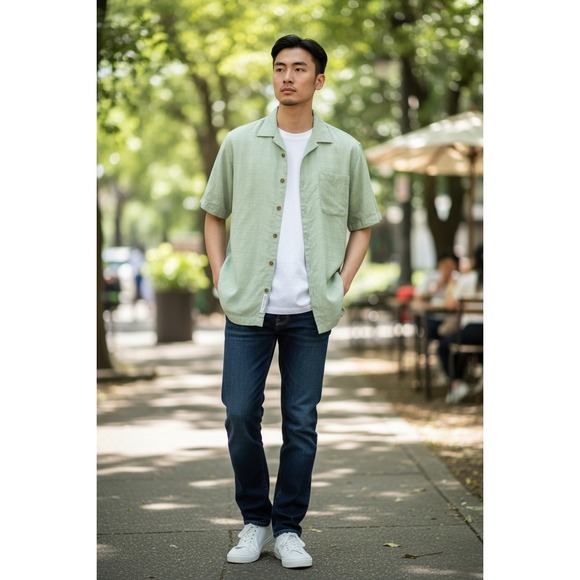 Tommy Bahama Other - Tommy Bahama Mens Large 100% Silk Short Sleeve Button Down Shirt Sage Green Grid